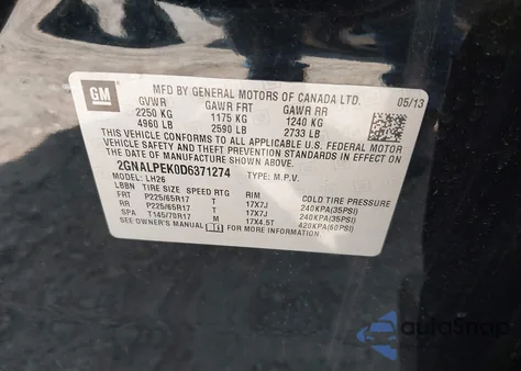 2013 Chevrolet Equinox 2Lt from USA, damaged, VIN 2GNALPEK0D6371274